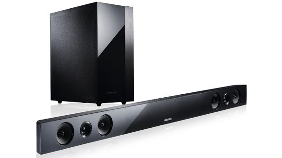 Samsung Hw E450 Review Soundbars Samsung S Hw E450 Is A Clic Soundbar Design With Its Electronics Full Range Drivers And Tweeters Built In To The Main Bar Complemented By Wireless